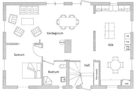 Ritning över entréplan i villa med markerad brandvägg och planerade förändringar med balkar.