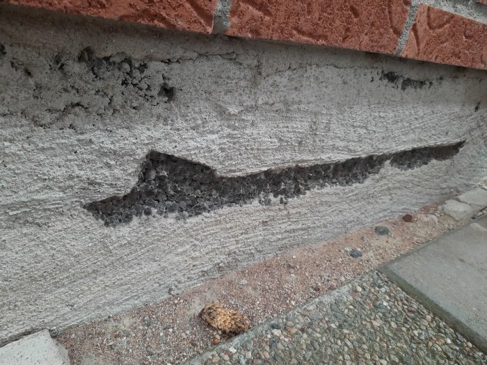 Skadad puts med en hålighet i en betongvägg under ett lager röda tegelstenar.