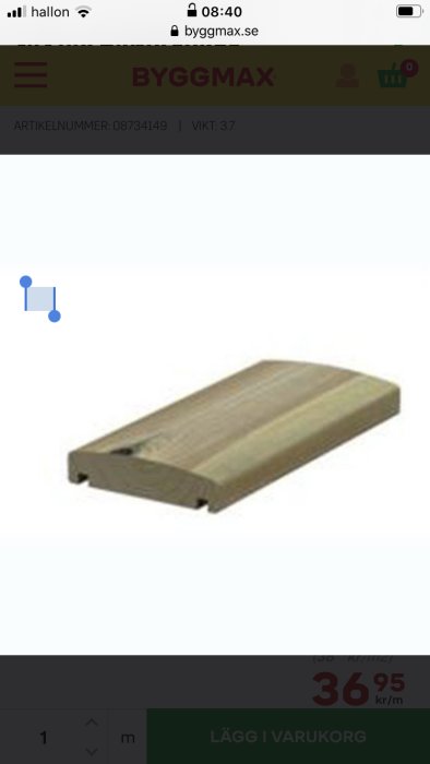 Tryckimpregnerad överliggare i trä med snedskuren överkant för avrinning, visas på byggmaterialförsäljningssida.