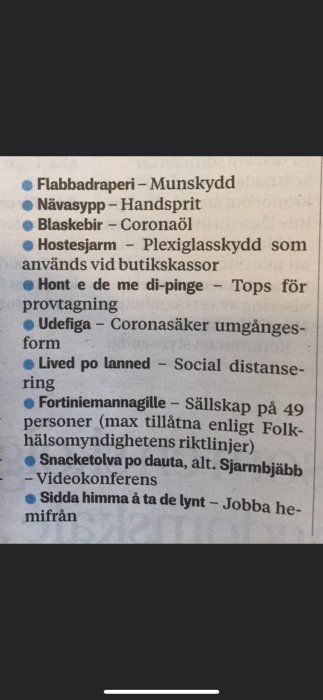 En tidningsartikel med en lista på skånska översättningar för ord relaterade till coronaviruset.