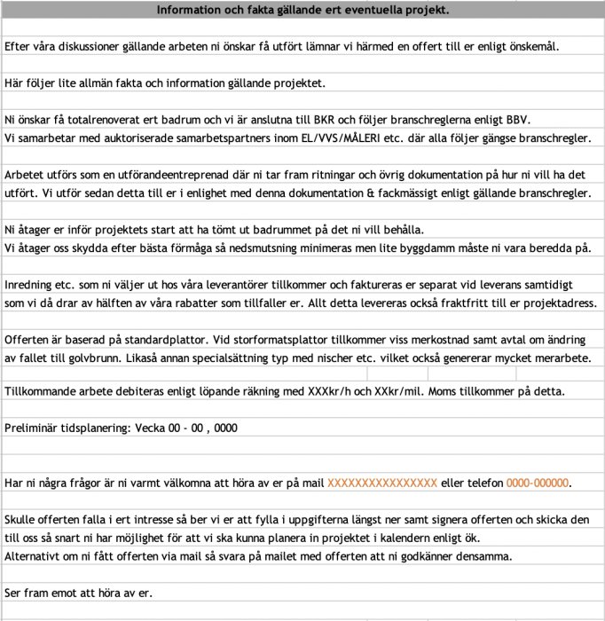 Skärmklipp av ett dokument med påhittade offerter och projektinformation relaterad till byggnadsarbete.