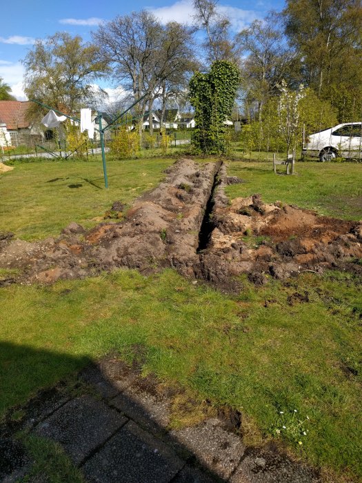 Nygrävd långsträckt grop i en trädgård liknande en skyttegrav, i dagsljus.