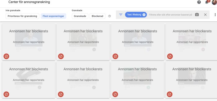 Skärmdump av flera blockerade och rapporterade annonser i ett annonsgranskningscenter.