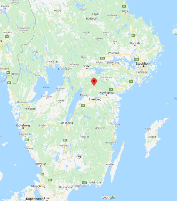 Karta över Sverige med en röd markör nära Norrköping, indikerar platsen Grytgöl.