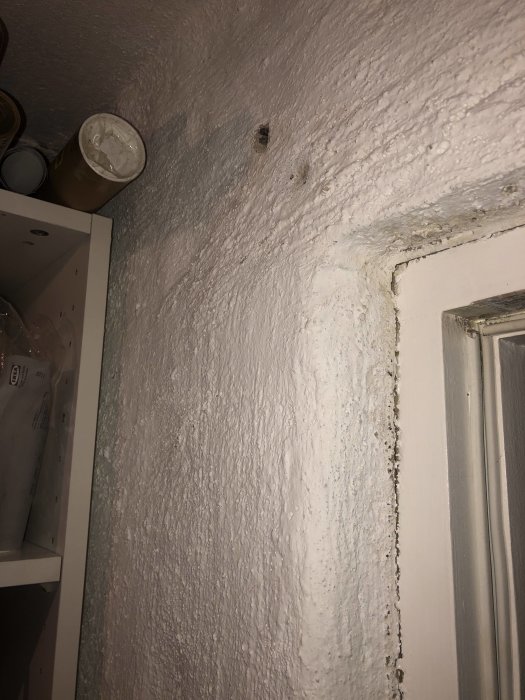 Ojämn vit källarvägg med synlig struktur och kalkfärg, intill fönster och hylla.