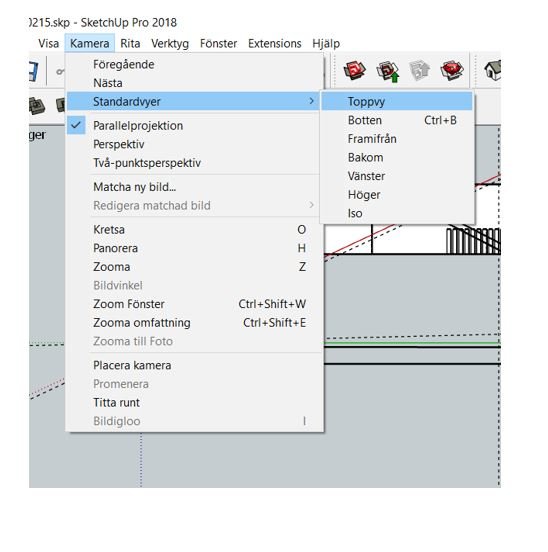 Skärmdump av SketchUp med meny för standardvyer och ett modellerat trapphus.