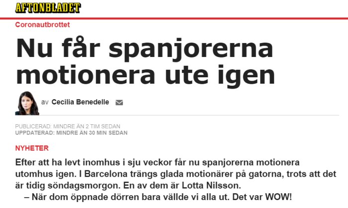 Skärmdump från Aftonbladet med rubrik "Nu får spanjorerna motionera ute igen" och artikeltext.