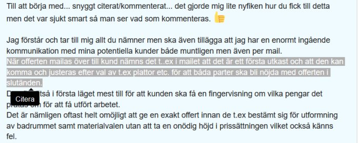 Skärmdump av ett foruminlägg med text och en "Citera"-knapp som är markerad för textcitering.