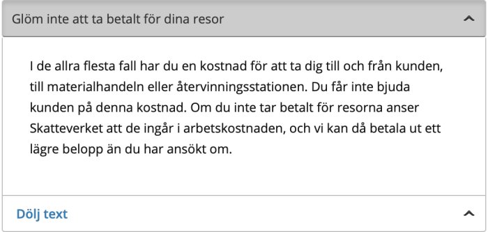 Skärmdump från Skatteverkets webbsida om att inkludera reskostnader i arbetskostnad vid ROT-avdrag.