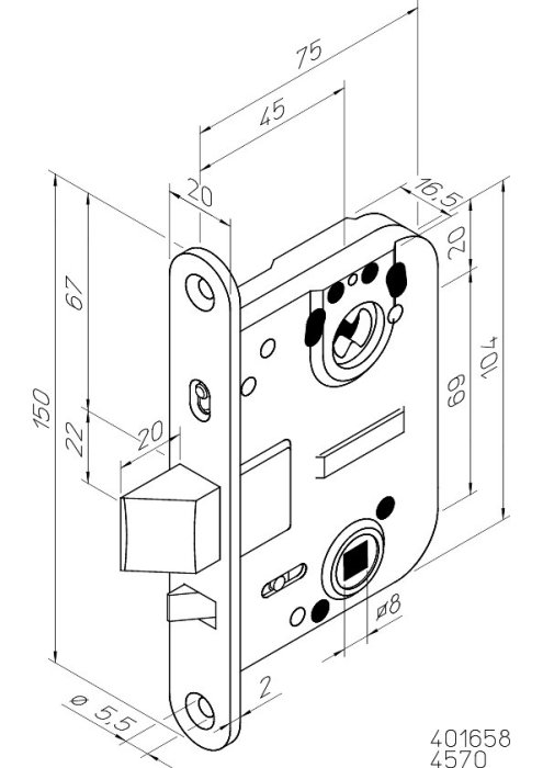 Teknisk ritning av ett svenskt mellandörrslås modell 4570 för cylinder, visar mått och komponentplacering.