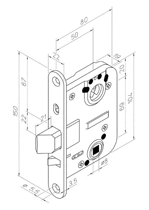 Exploded view ritning av ett låshus med måttangivelser, lämplig för innerdörrar.