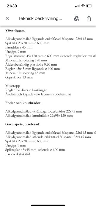 Skärmavbild av en teknisk beskrivning för husets ytterväggar, isolering och fasadmaterial.