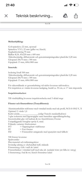 Skärmdump av en teknisk beskrivning för ett hus, innehållande detaljer för mellanbjälklag, innertak och fönster.