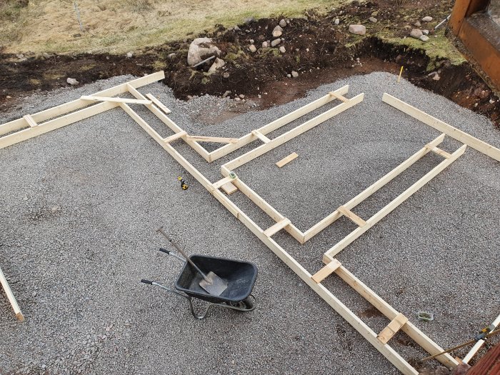 Träform för betonggjutning på ett lager av makadam med en skottkärra i förgrunden, fotograferad från ovan.