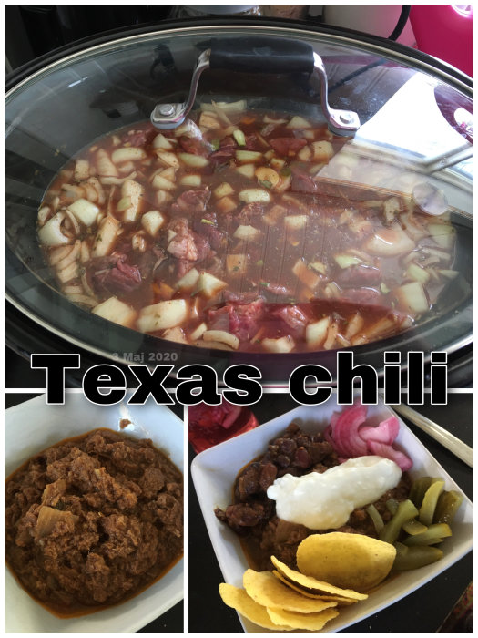 Kvällens långkokta Texas chili med tillbehör som picklad rödlök, inlagd gurka, nachos och bönröra.