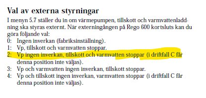 Skärmbild av manual för IVT Rego 600 som visar inställningsalternativ för externa styrningar.