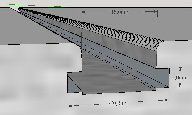 CAD-ritning av en komponent med angivna mått 20,8mm och 15,0mm, den ena fräst och den andra gjuten.