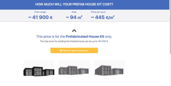 Webbannons som visar priset för ett nyckelfärdigt, estniskt prefabricerat hus på 41 900 euro och planritningar.