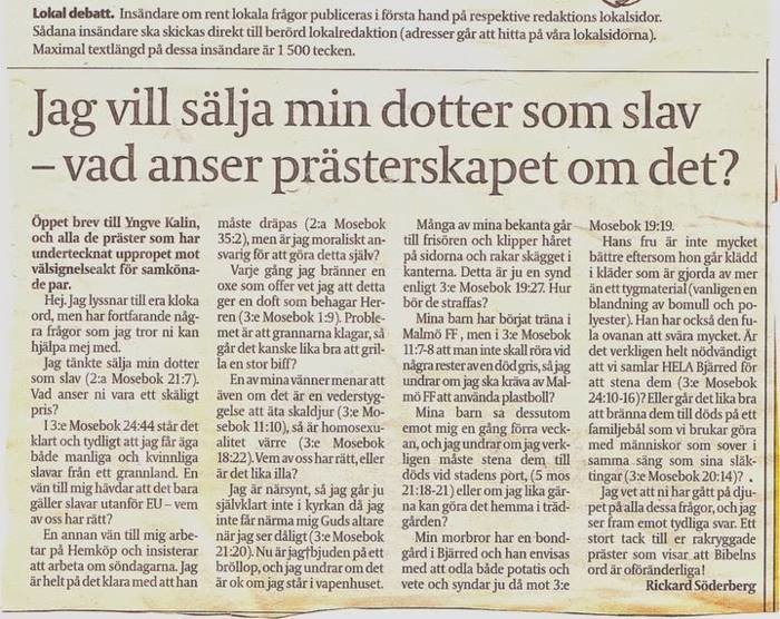 Tidningsutklipp med rubriken "Jag vill sälja min dotter som slav – vad anser prästerskapet om det?