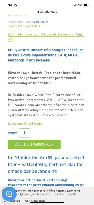 Skärmdump av en webbutikssida med produktinformation för Dr. Stähler Dicotex herbicid och en markerad leveranstid på 2-3 dagar.