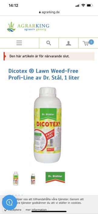 Skärmbild av webbutik med meddelande om slutsåld produkt och bild på en flaska Dicotex Lawn Weed-Free ogräsmedel.