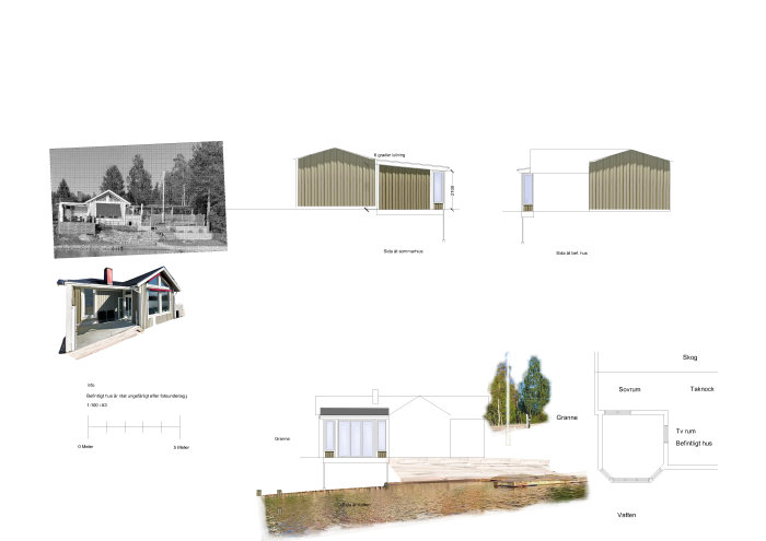 Arkitektritningar och bilder som visar olika vinklar och detaljer av ett byggnadsprojekt för ett sommarhus.