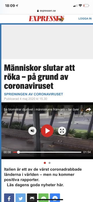 Skärmdump av en nyhetsartikel om minskad rökning på grund av coronaviruset, med videospelare och text.