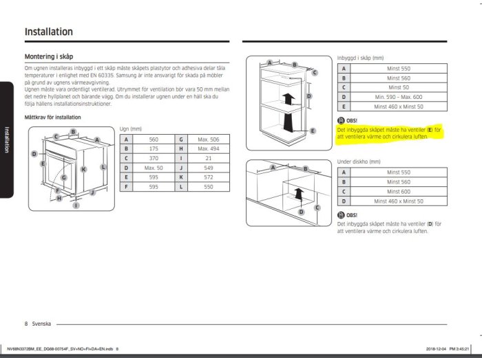 Diagram och instruktioner för installation av inbyggd ugn med luftspalt och ventilationskrav.