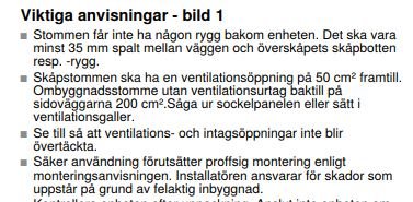Utdrag ur installationsanvisningar med text om ventilation för inbyggnadsugnar, inklusive detaljer om luftspalt och ventilationens placering.