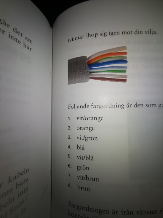 Bild på en öppen bok med en bild av flera nätverkskablar i olika färger och textlista som beskriver kablarnas färgordning.