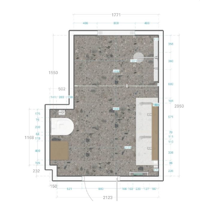 Ritning av ett badrum med måttangivelser för renovering, inklusive dusch, toalett och handfat.