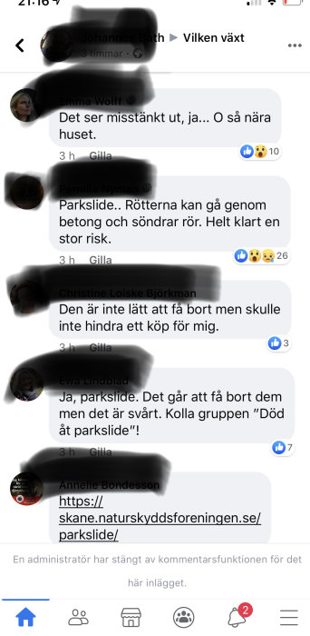 Diskussionsforumsskärm med kommentarer om växten parkslide och en avstängd kommentarsfunktion.