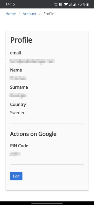 Mobilskärm med Worx Landroid-konto profilinställningar inklusive e-post, namn och PIN-kod för Google.