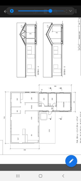 Arkitektritning av ett hus med måttangivelser och planlösning inklusive sektionsskisser.