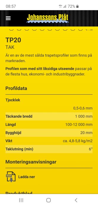 Mobilskärmsbild av Johanssons Plåt hemsida med information om TP20 takprofiler och tekniska specifikationer.