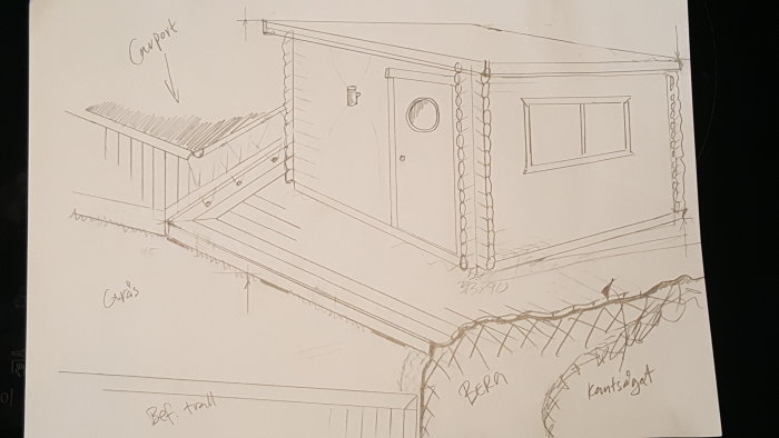 Handritad skiss av en byggnad med dörren på framsidan, ett fönster och angränsande altan markerat med 'carport', 'entré' och 'kantskäg'.