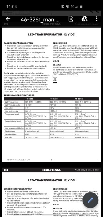 Skärmdump av Biltemas LED-transformator 12 V DC produktsida med tekniska specifikationer och säkerhetsinstruktioner.