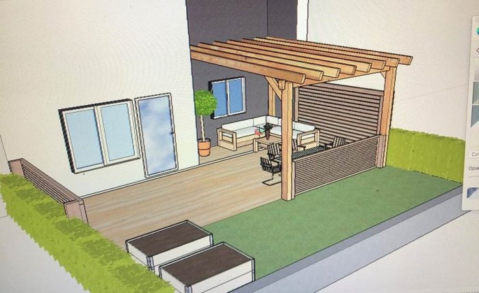 3D-skiss av en planerad pergola och spaljéstaket på en trädäckad baksida av radhus.