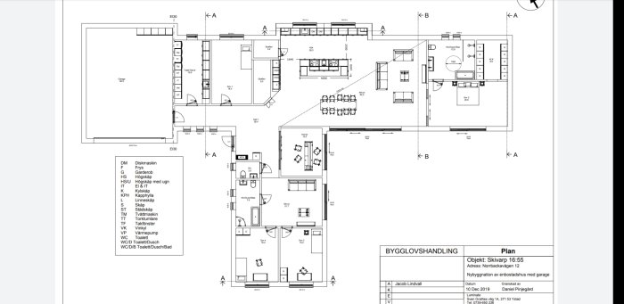 Arkitektritning av en enplansvilla med detaljerad planlösning och förklarande symboler.