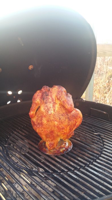 Grillad hel kyckling med frasigt skinn på en kolgrill med rostfri hållare.