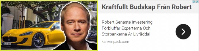 Gul sportbil bredvid en profilbild av en man med rubrik som anger en framgångsrik investering av Robert.