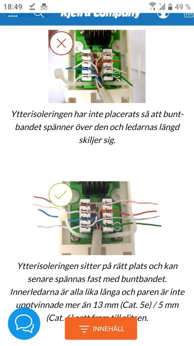 Elektriska anslutningar med och utan korrekt ytterisolering och buntband på en grön kopplingsplatta.