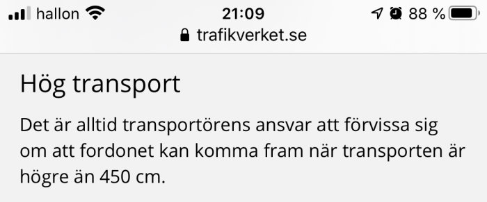 Skärmdump från Trafikverket med text om ansvar vid hög transport över 450 cm.