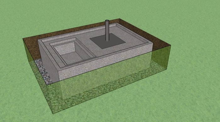 3D-modell av ett fundament med måtten 120x180 cm och en vertikal mittstång.