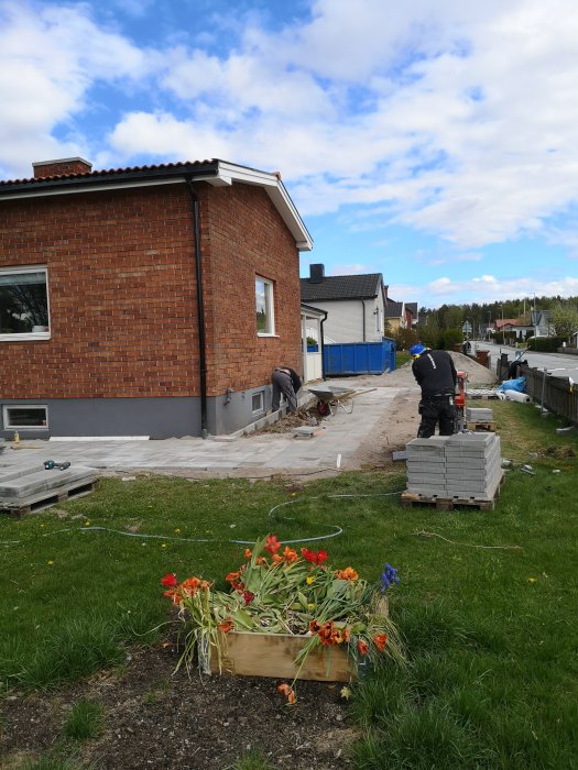 Renovering av uteplats vid tegelhus, personer arbetar, byggmaterial framför och blomlåda i förgrunden.