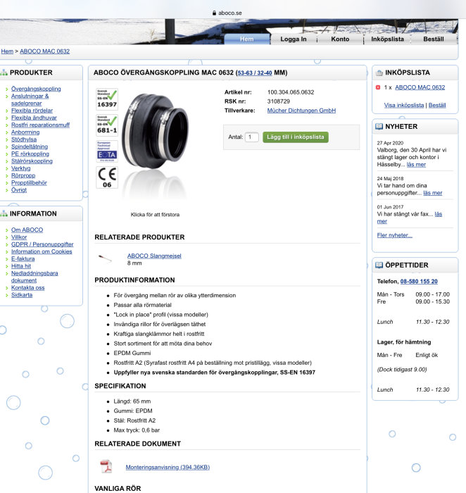 Webbsida som visar en produkt, ABOCO övergångskoppling MAC 0632, med beskrivande text och relaterade produkter.