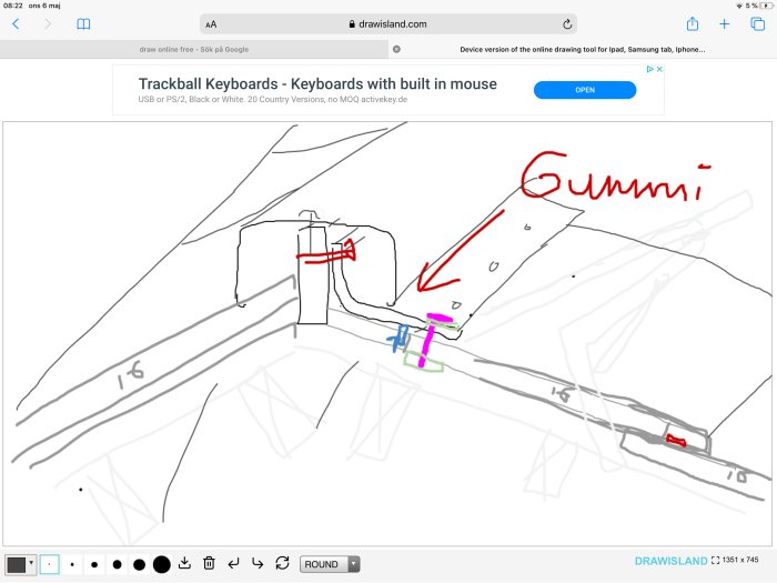 Skiss av ett byggprojekt med ett 80x80 cm hål och ett gångjärn av gummimatta märkt "Gummi".