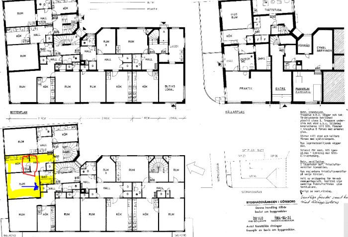 Arkitektritning av byggnad med markerad lägenhet och planerad väggrivning, samt textnoteringar.