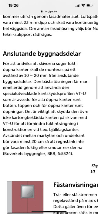 Skärmdump från en webbsida med text om installation av utegips och kantskyddsprofiler med illustration av fasad.