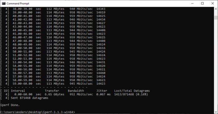 Skärmdump av Command Prompt med iperf-testresultat som visar viss packet loss.